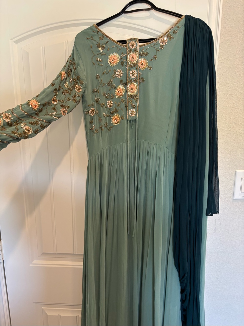 Embroidered Sage Green Women's Dress with Draped Scarf